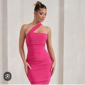 Club L London Pink Asymmetrical Ruched Bodycon Dress